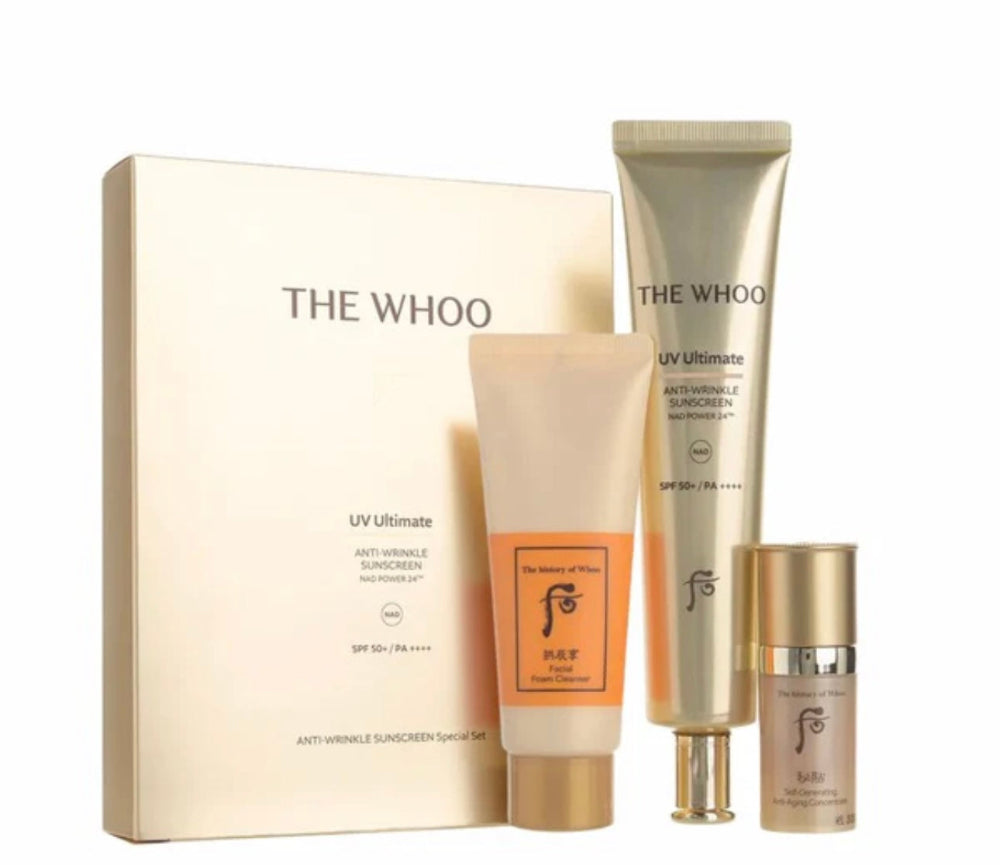 The Whoo skincare product set with packaging on a white background