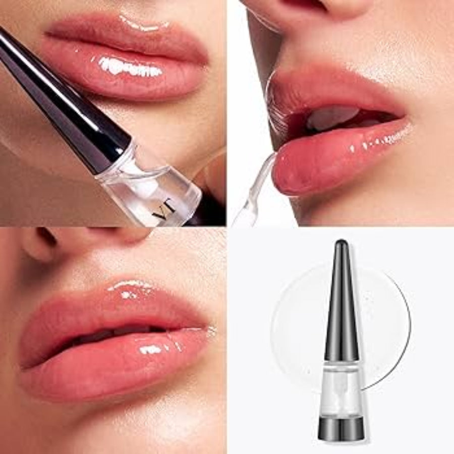Collage of a lip gloss applicator being applied to lips with close-up details.