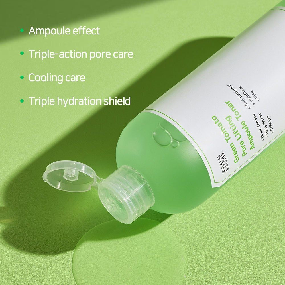 Skincare bottle with green liquid on a green background, featuring text about product benefits.