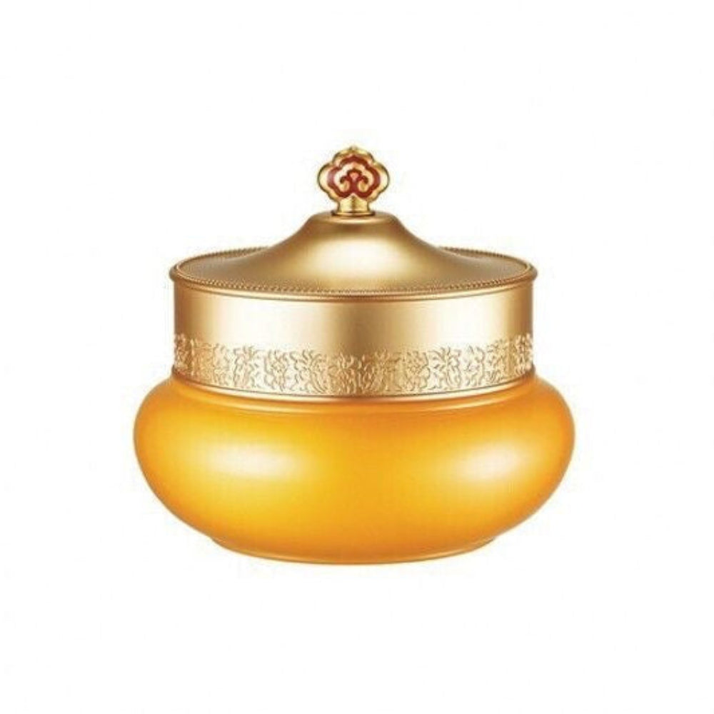 Yellow jar with a gold lid on a white background
