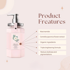 Pink bottle with pump and product features listed on a light pink background