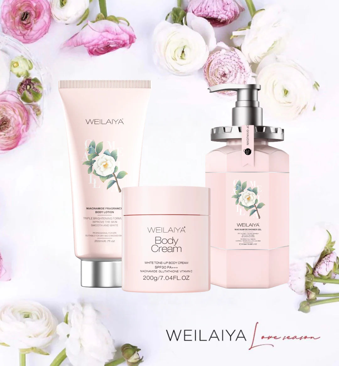 Weilaiya body care products with flowers on a white background