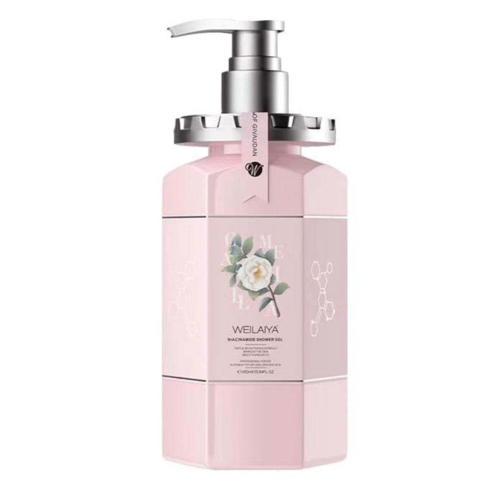 Pink bottle with pump dispenser on a white background