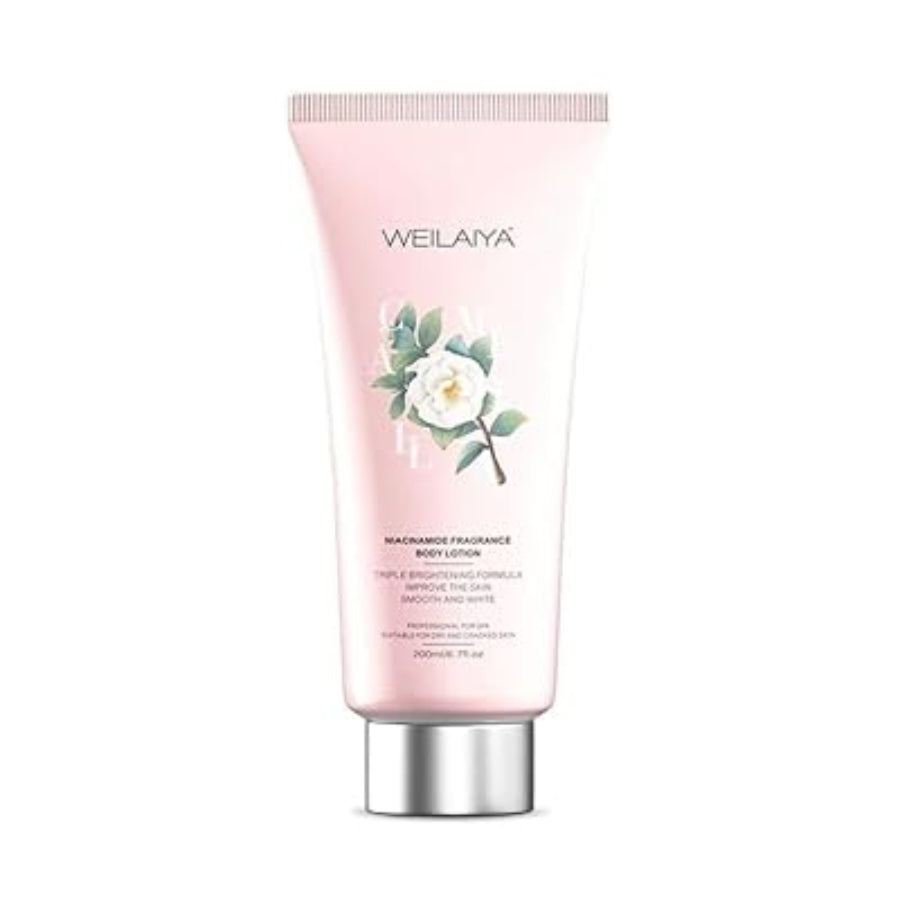 Pink body lotion tube with floral design and 'WEILAIYA' branding on a white background