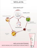 Weilaiya SYM White 377 whitening, moisturizing, anti-aging body serum with ingredient diagram on a white background.